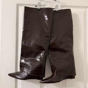 Brown Croc-Embossed Foldover Knee-High Boots